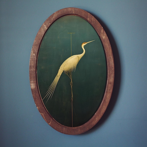 Crane Painting,Wall Art,Wooden Plaque,Oval Victorian Art,Oval Wall Decor,Home Decor,Birds Wall Decor,Heron Bird Painting,Valentines Day Gift