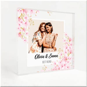 Acrylic Picture Frame for Friends, Custom Name Floral Design, Bestie Gift Idea, Photo Block Keepsake for Desk or Shelf.