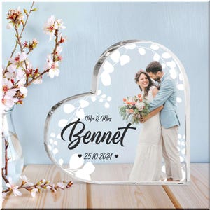 Personalized Wedding Gift for Couple – Custom Photo Acrylic Heart with Name and Date – Bridal Shower Keepsake or Engagement Present.