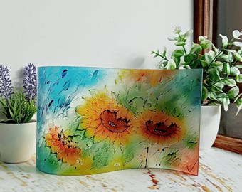 Sunflower Glass Wave: Fused Glass Art, Hand-Painted Screen