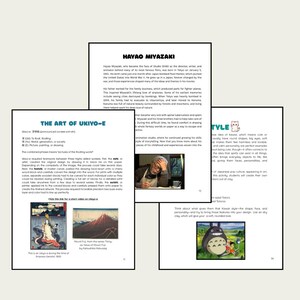 May include: A collection of pages with text and illustrations about Hayao Miyazaki, Ukiyo-e art, and Kawaii style. The pages feature text, images, and a link for a short video on Ukiyo-e.