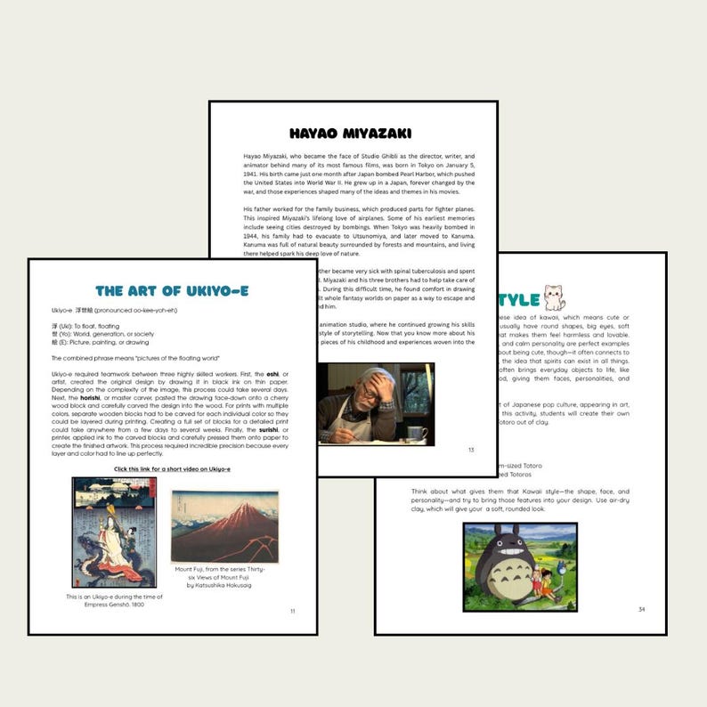 May include: A collection of pages with text and illustrations about Hayao Miyazaki, Ukiyo-e art, and Kawaii style. The pages feature text, images, and a link for a short video on Ukiyo-e.