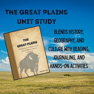 Può includere: Un libro di studio educativo rettangolare intitolato The Great Plains, con un'illustrazione di un bisonte marrone su una copertina in stile pergamena. Il testo recita The Great Plains, Plains Indian Tribes and the American Bison Unit Sudy, Home Room by Court.