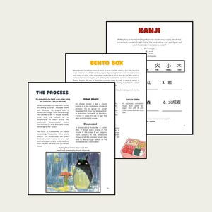 May include: Three open pages of a book with text and illustrations. The pages are titled "KANJI", "BENTO BOX", and "THE PROCESS". The "BENTO BOX" page has a picture of a pink bento box.