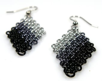 Black Ombre Earrings, Chainmaille Earrings, Black Earrings, Diamond Shape Earrings, Statement Earrings, Funky Earrings, Big Earrings