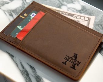 Personalized Leather Slim Wallet, Minimalist Card Holder, Gift for Him