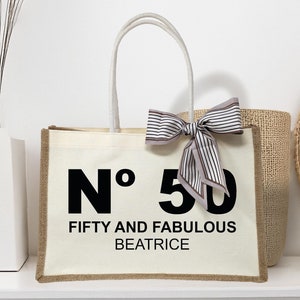 Fifty and Fabulous Tote Bag, 50th Birthday Celebration Personalized Gift Canvas Bag with Name, Tote Bag for Her, Custom 50th Birthday Gifts