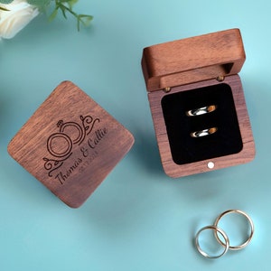 Personalized Square Ring Box, Engraved Wood Ring Bearer Box for Wedding Ceremony, Proposal or Engagement Ring Box Gift, Valentine&#39;s Day Gift
