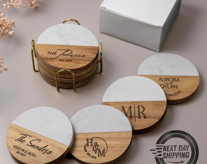 Personalized Marble and Wood Coaster Set, Wedding, Engagement Gift