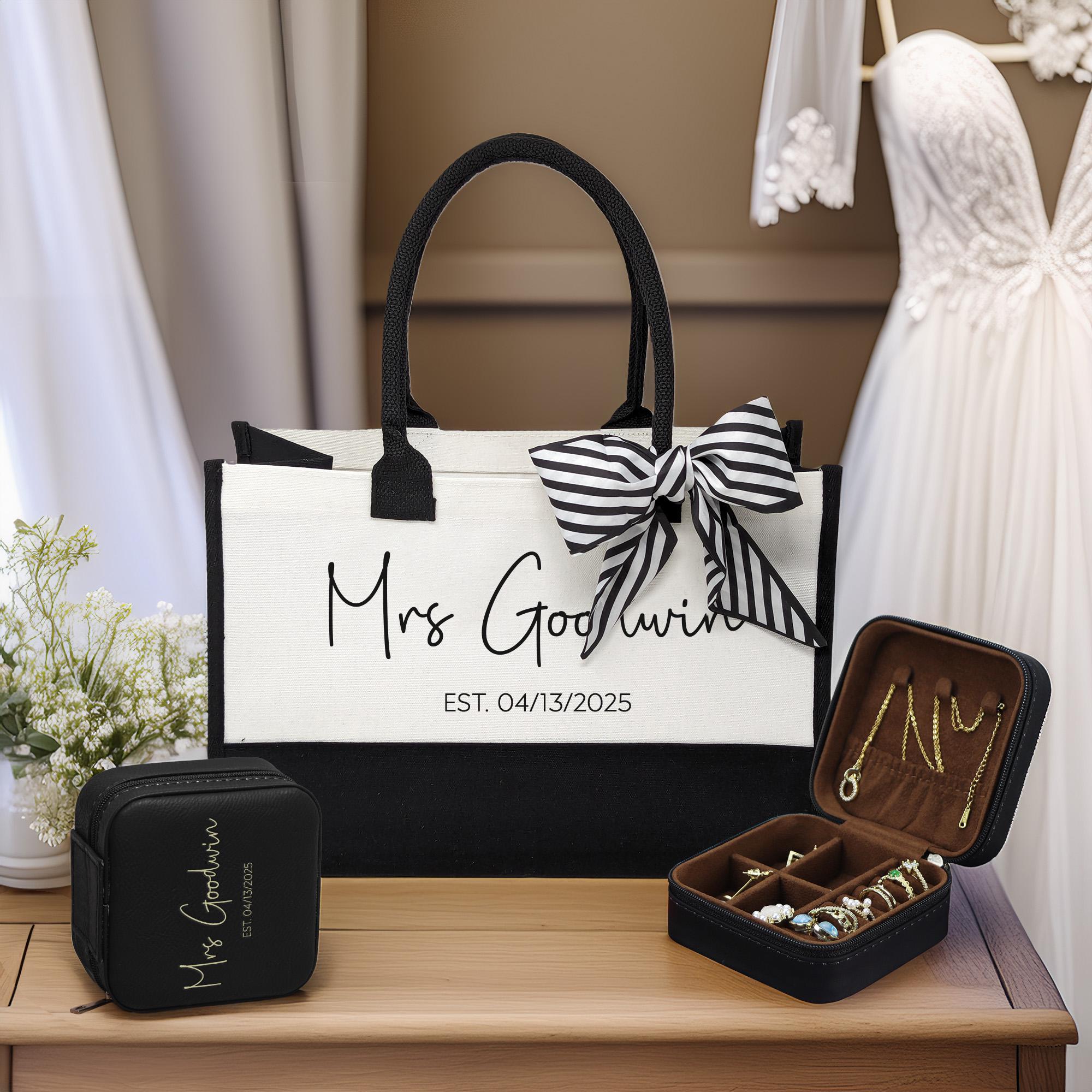 Mrs. Last Name Est Year Tote Bag Personalized Date Wedding Tote Bridal Shower Gift Honeymoon Gift Customized Wedding Gift Bridesmaid Gift