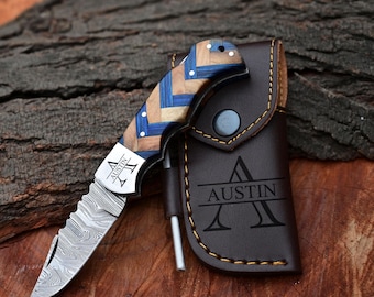 Handmade Damascus Pocket Knife Custom Groomsmen Gift Anniversary Gift for him Dad Husband Personalized Gift for Men Graduation gifts for him