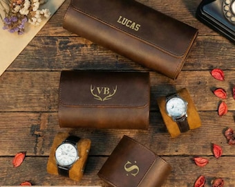 Personalized Leather Watch Case for 3 Watches, Travel Watch Roll