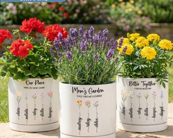 Personalized Birth Flower Pot, Custom Family Names Planter, Mother's Day Gift