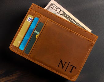 Personalized Leather Card Holder, Minimalist Slim Wallet, Father's Day Gift
