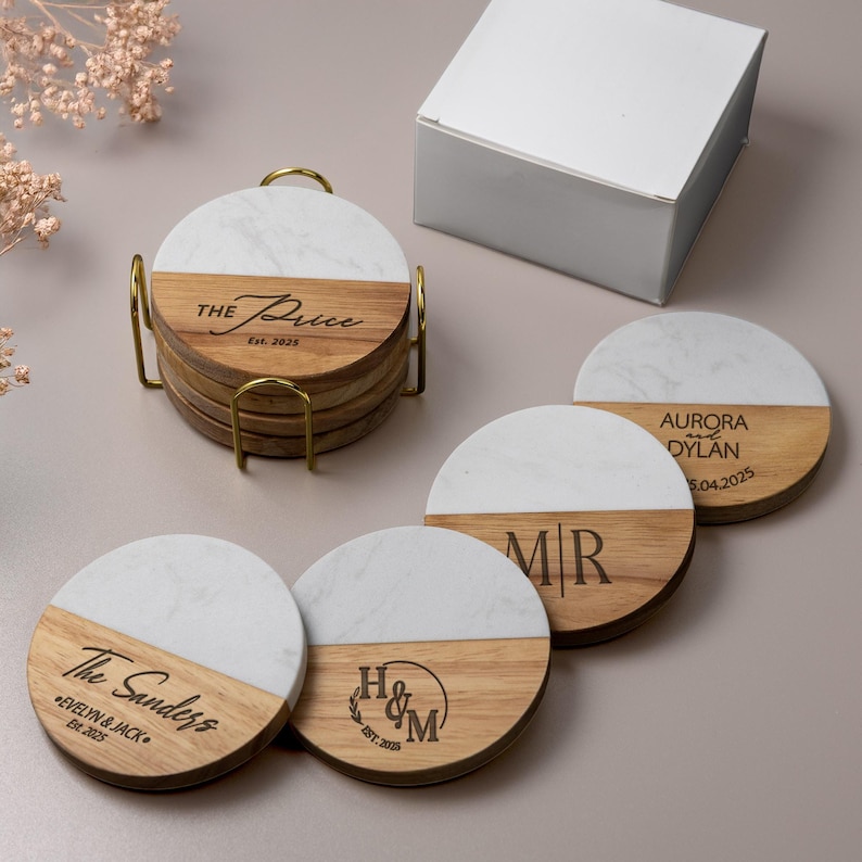 Custom Coasters Set, Personalized Gifts for Her, Wedding Gift, Marble and Wood Coaster, Engagement, Housewarming Gift