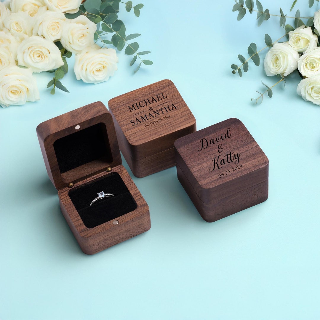 Square Double Ring Box, Engraved Wood Ring Bearer Box for Wedding ...