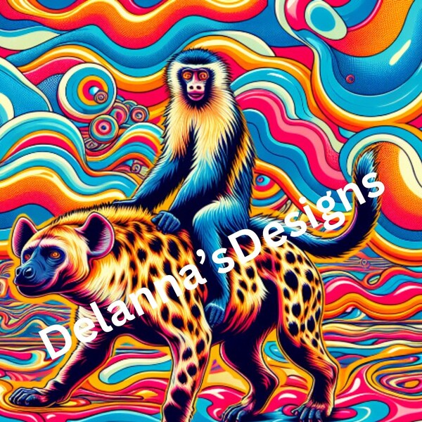 Psychedelic Monkey Riding Hyena Art Print - Instant Download