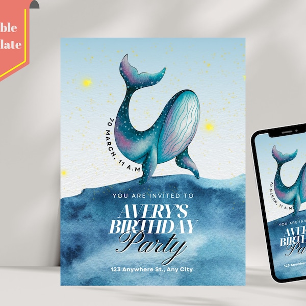 Under The Sea Birthday Invitation, Editable Whale Shark Party Invite, Nautical Any Age Kids Template, Sea Life Card, Instant Download