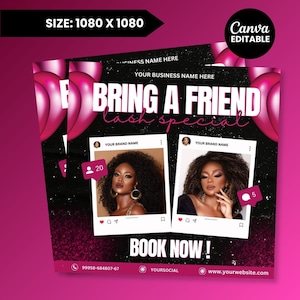 Bring A Friend Flyer, DIY Template, Editable On Canva, Bestie Deal Flyer, Hair Braids Lashes Wigs Nails Makeup Promotion, Book Now Flyer