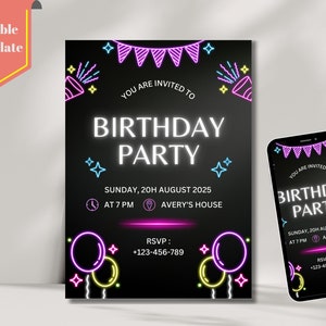 Glow Party Birthday Invitation, Glow Invitation, girl, boy, Neon Party Invite, Neon Lights, Glow Party Template, Editable Canva, Glow Evite