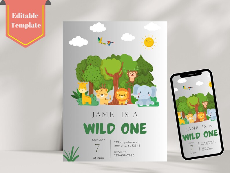 EDITABLE Safari Birthday Invitation, Wild One 1st Birthday Invite, Gold ...