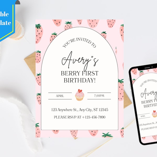 EDITABLE Pink Gingham Berry First Birthday Invitation, Berry First Birthday Digital Invitation Birthday, Strawberry First Birthday Invite