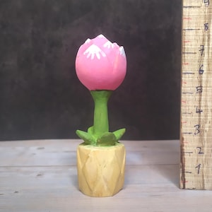 Small pink and white painted wooden flower in natural color pot Decorative miniature potted plant figurine