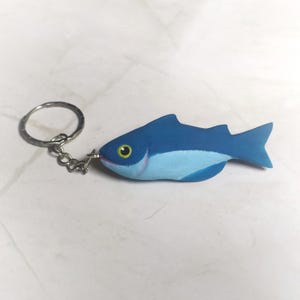 Painted wooden fish key ring Handmade blue fish key ring Wooden key ornament carved blue sea fish Wooden sea fish