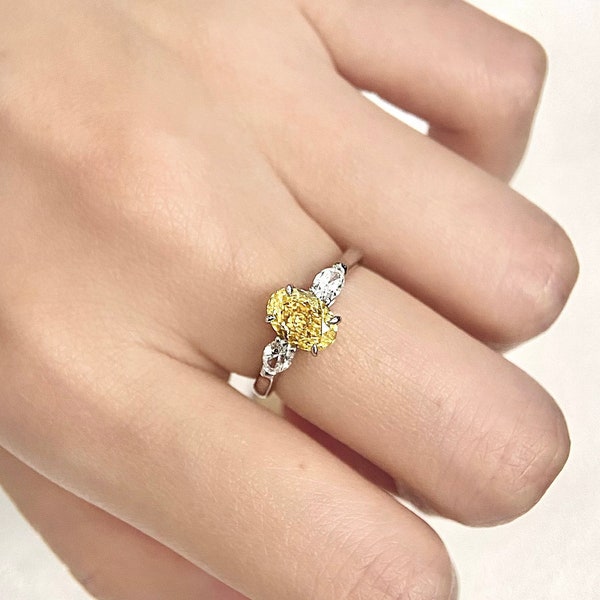 1.3 Carat Oval Engagement Ring Fancy Yellow Vivid Diamond Engagement Ring IGI Certified  White Gold  3 Stone Diamond Ring
