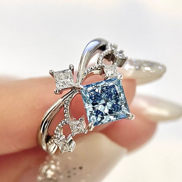 1 Carat Princess Cut Lab Grown Diamond Hidden Halo Engagement Ring Fancy Blue ring  Blue Diamond
