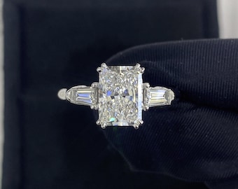 Radiant Cut 2 carat D Color VVS1 Clarity Lab Grown Diamond  Engagement Ring Three Stone Engagement 3 Stone with Tapered Baguette Triad Ring