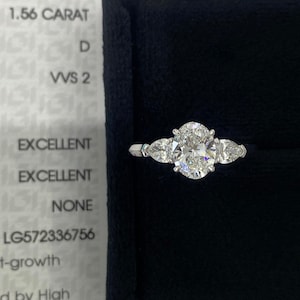 1.5 Carat Oval Cut D VVS2 Lab Diamond Three Stone Engagement Ring / 1.5 Carat Oval and Pear Shape 3 Stone CVD Diamond Ring / 18k White Gold