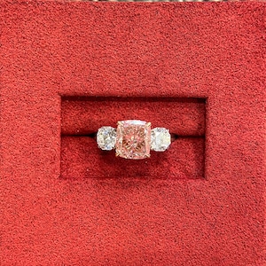3.3 Carat Cushion Modified  Fancy Pink Lab Grown Diamond  Engagement Ring / Lab Grown Diamond 3 Stone Ring / Octagon Side Stones