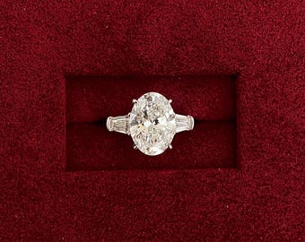 3 Carat Oval Lab Diamond Engagement Ring: VS1 E, Baguette Accents, 18k White Gold