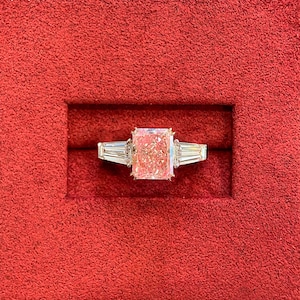 3.3 Carat Cushion Cut  FANCY PINK Lab Grown Diamond  Engagement Ring / Lab Grown Diamond 3 Stone Ring / Tapered Baguette Side Stones