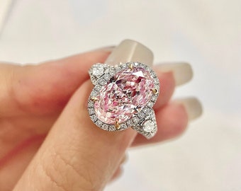 5 Carat Oval Cut Fancy Pink  Lab Grown Diamond Engagement Ring IGI Certificate 18K Gold White Gold Triad Ring Iced out Pave Diamond Ring