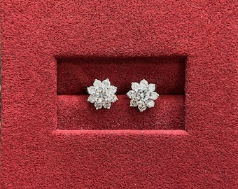 Diamond Earrings, Cluster Flower Studs, 18k White Rose Solid Gold, Social Value Jewelry Sun flower Cluster Diamond