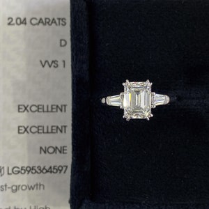 2 Carat Emerald Cut Lab Grown Diamond Ring / Emerald and Baguette / 18k White Gold Ring / Three Stone Engagement Ring / Diamond  D-VVS1