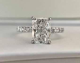 2 carat Radiant Cut E Color VS1 Clarity Lab Grown Diamond  Engagement Ring  White Gold Pave Elongated Radiant CVD Diamond Ring