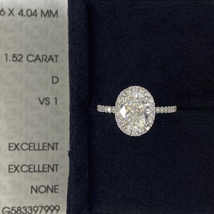 1.5 Carat Oval Lab Grown Diamond Halo Engagement Ring / Oval CVD D VS1 Diamond / White Gold Hidden Halo Ring / High Set Cathedral Pave Ring