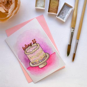 Cartão de aniversário Feeling 22 | Bolo em aquarela pintado à mão com topo | Aniversário do Swiftie | Cartão de aniversário ilustrado do Swiftie | sem impressão
