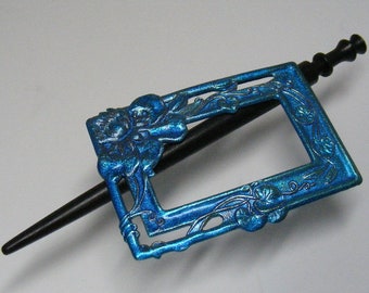 Water Lily Rectangular Victorian Brass Shawl Pin, Metallic Medium Blue Finish..... Lot #1641