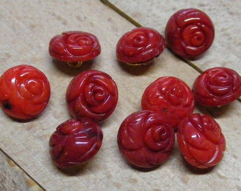 Vintage Wholesale Lot of 10... Red Coral Carved Rose Buttons....Lot #1254