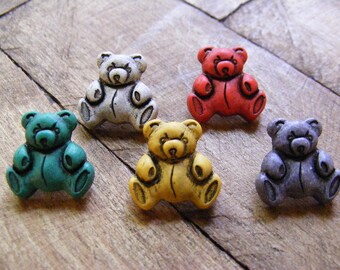 Vintage Lot of 5... Multi Color Teddy Bears Childrens Buttons....Lot #1379