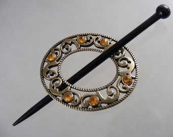 Carved Antique Gold Tone Shawl Pin with Rhinestones... Lot #856