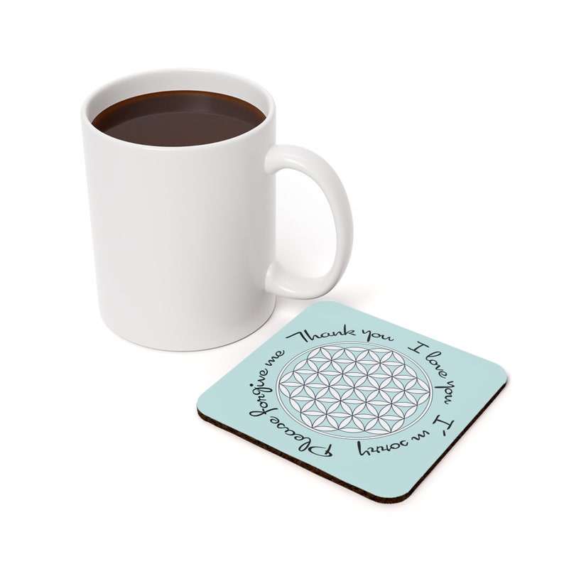 Flower of Life Ho'oponopono 4 stepsindigo, ice blue, white Cork Back Coaster image 3