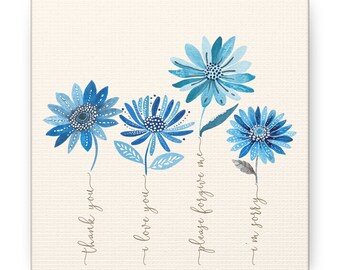 Ho'oponopono & Bohemian Blue Flowers Canvas Wall Art, Whimsical Boho Flowers Home Decor, Ho'oponopono Prayer