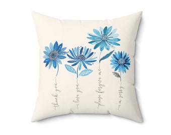 Ho'oponopono & Bohemian Blue Flowers Square Pillow, Whimsical Boho Home Decor, Ho'oponopono Prayer