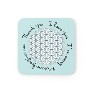 Flower of Life Ho'oponopono 4 stepsindigo, ice blue, white Cork Back Coaster image 1