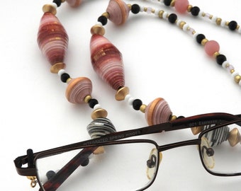 Bold Beaded Eyeglass Chain Holder Leash Lanyard - Hand Painted Paper Beads - Pink, Black, White #C125